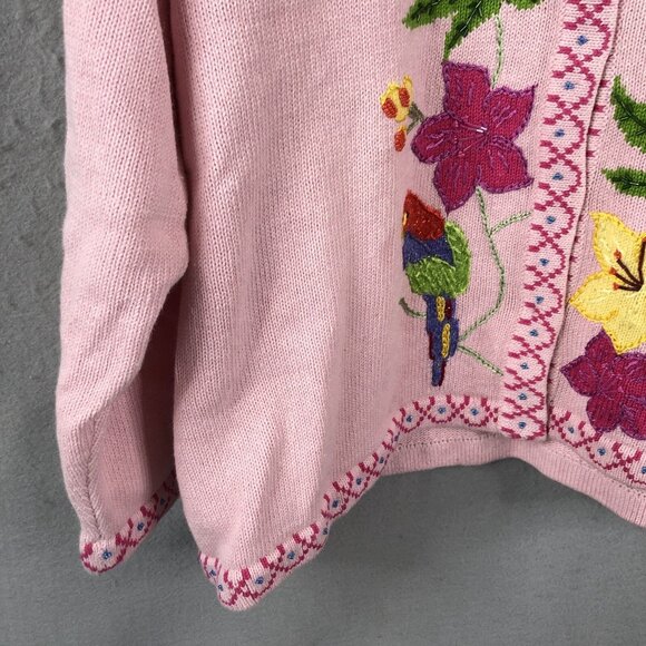 Storybook Sweater Womens 2X Plus Size Pink Parrots Tropical Cardigan Art to Wear - Picture 11 of 16